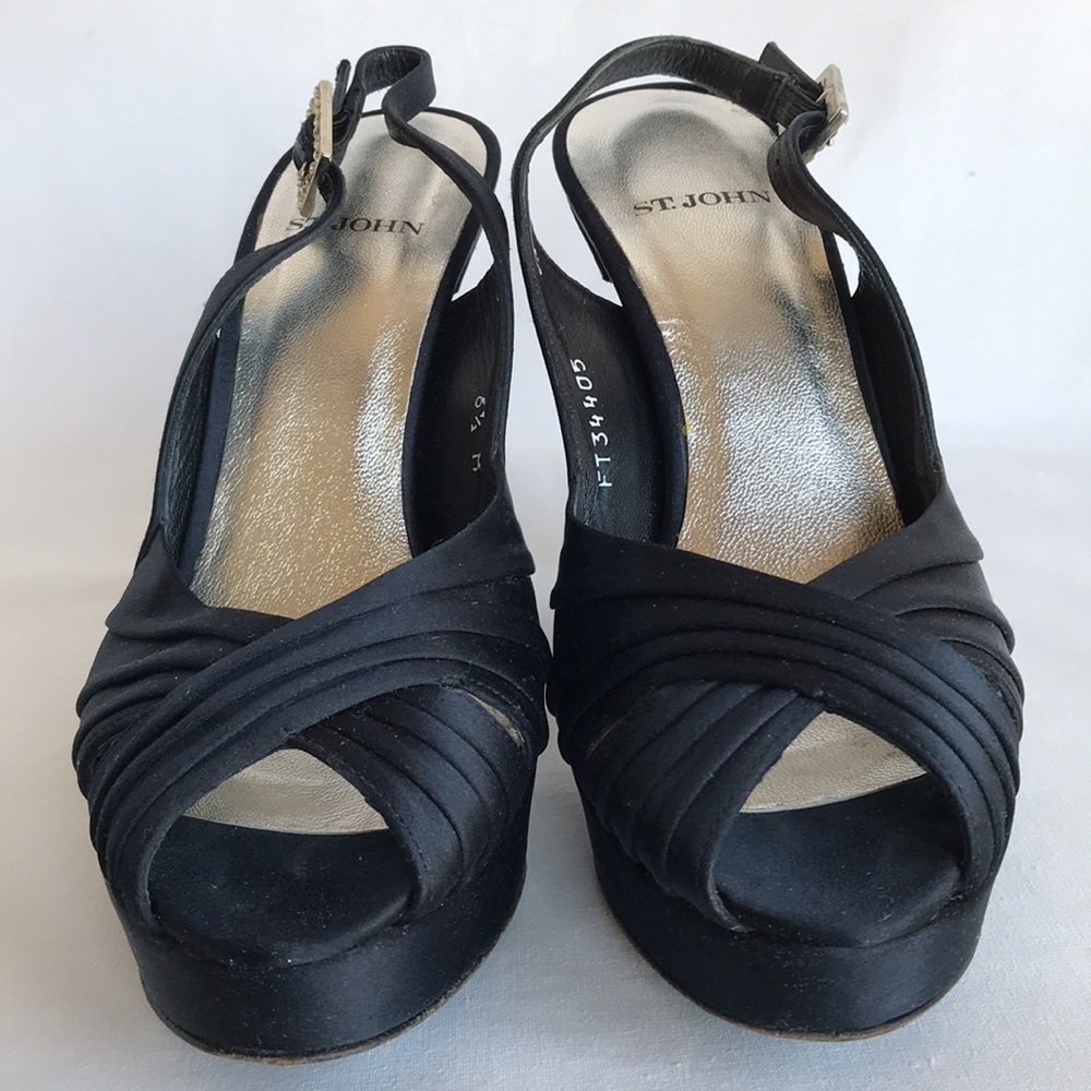 St. John black satiny platform heels with ankle strap, crystal buckle, size 6.5 - Picture 4 of 7